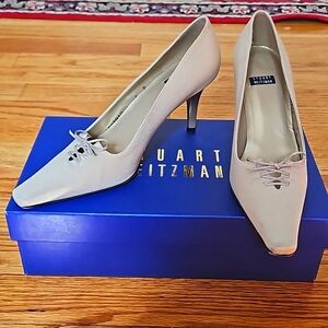 Nude shimmer Stuart Weitzman lace up heels Por Favor Taupe Crepe